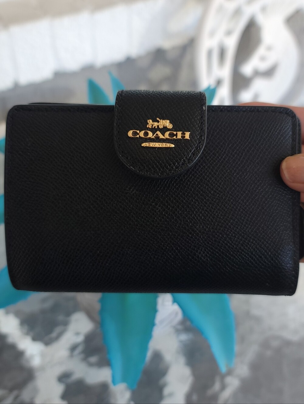 COACH Black Saffiano Leather Wallet with Gold Logo